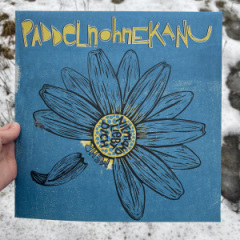 Ein Albumcover mit eines Linolschnitts eines Gänseblümchens auf blauem Grund. Ein paar Blütenblätter fehlen, eines löst sich gerade vom Blütenstandsboden. Die inneren, gelben Röhrenblüten sind angedeutet in gelb auf den blauen Untergrund gedruckt. Der Schriftzug paddelnohnekanu ist gelb mit weißer Umrandung prominent am oberen Rand platziert. Daraus ergibt sich eine Farbpalette von blau, gelb, weiß und schwarz für das Cover. Eine Hand hält das Album vor einem Hintergrund aus Schnee mit Fußspuren.