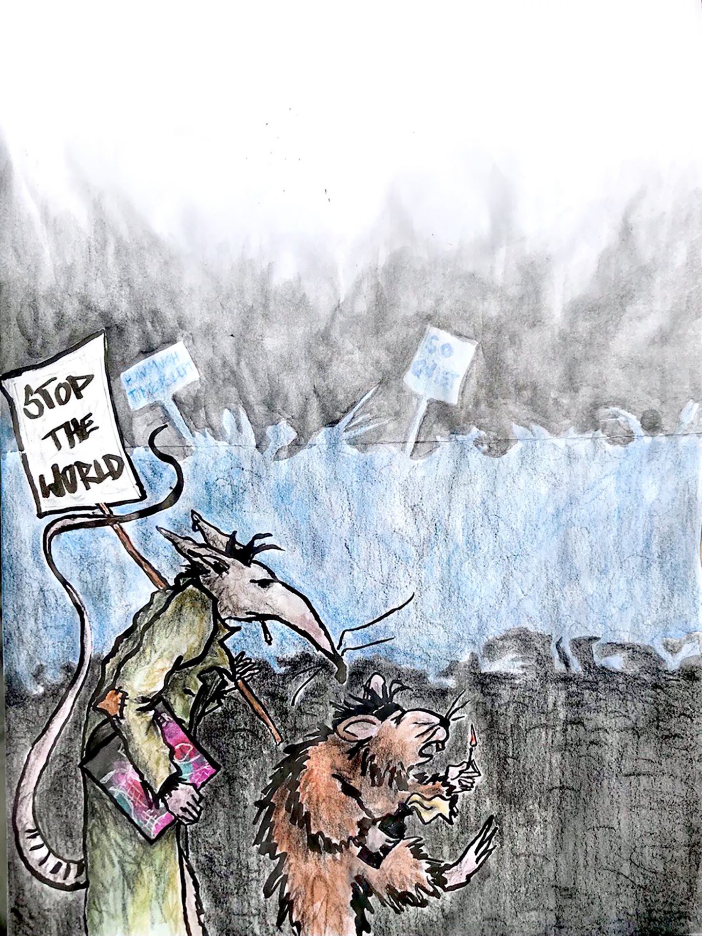 Fotokiller – Eerie Nostalgia – Rattster Staffel 2 #4 3 Hamster und Ratte mit STOP THE WORLD Schild und Mollowtow Cocktail vor einer Demo, die im Hintergrund schemenhaft zu sehen ist.