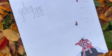 Auf dem Bild ist ein EP-Plattencover zu Sehne mit einem kleinen, roten Hund als Artwork. Der Hund ist auf weißem Hintergrund gemalt. Oben links in der Ecke steht Ÿdeg - Elme. der Hintergrund besteht aus herbstfarbenen Blättern.