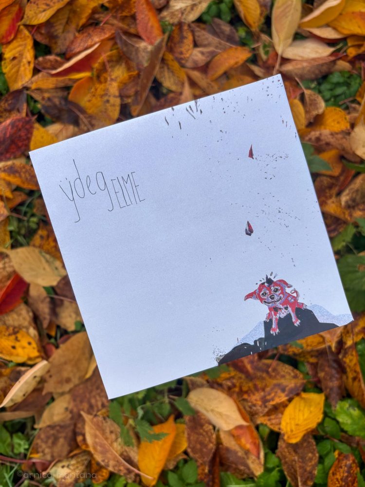 Auf dem Bild ist ein EP-Plattencover zu Sehne mit einem kleinen, roten Hund als Artwork. Der Hund ist auf weißem Hintergrund gemalt. Oben links in der Ecke steht Ÿdeg - Elme. der Hintergrund besteht aus herbstfarbenen Blättern.