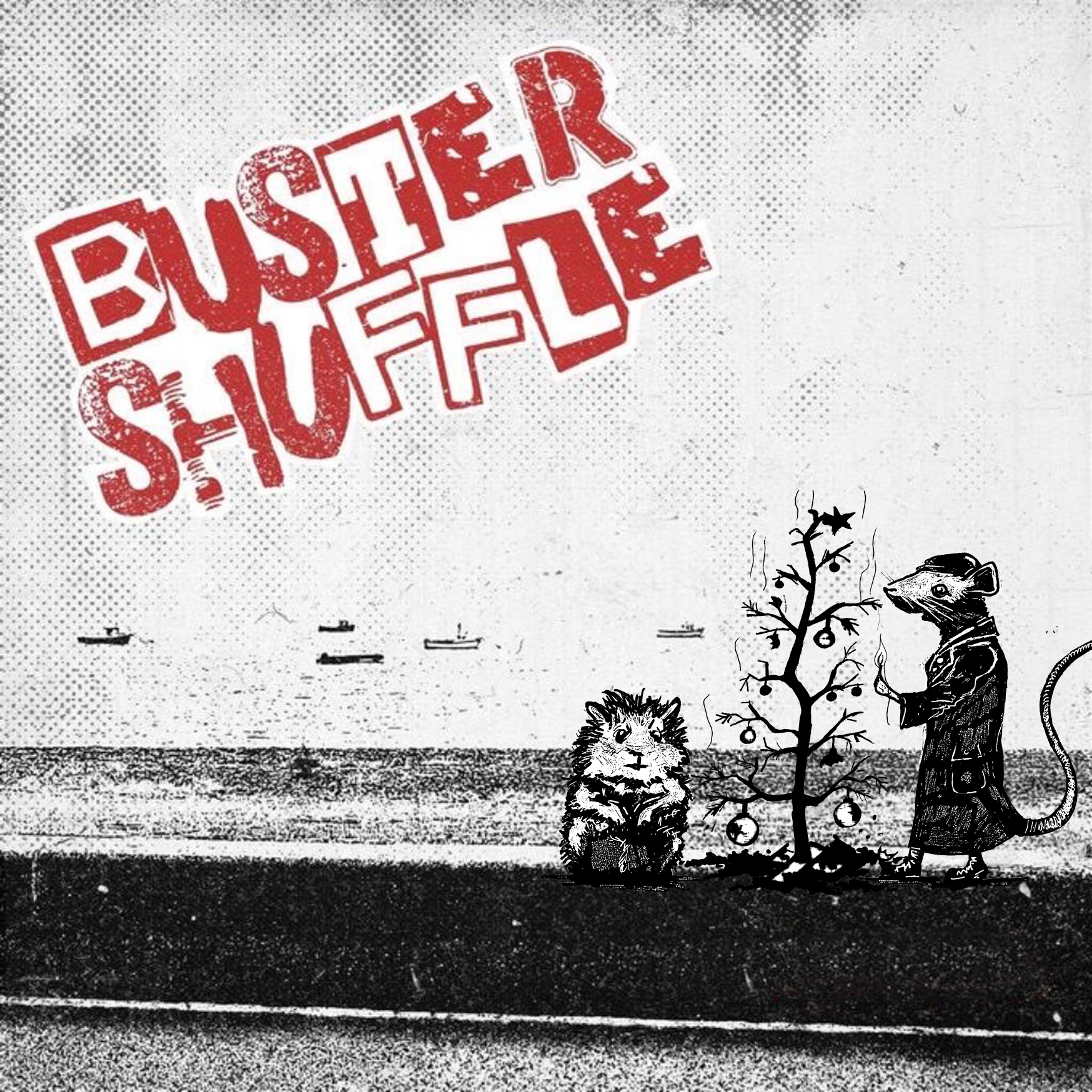 Das Bild zeigt das Plattencover von Buster Shuffle „Together“. Statt der zwei Personen, die auf dem original Plattencover zu sheen sind, wurde eine Illustration von Ratte und Hamster aus Rattster in das Bild eingearbeitet. Ratte und Hamster sind in schwarz-weiß dargestellt und stehen vor einem niedergebrannten Weihnachtsbaum. ratte hält noch ein Strecihholz in der Pfote und schaut entsetzt. 
