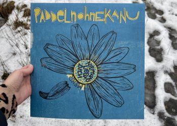 Ein Albumcover mit eines Linolschnitts eines Gänseblümchens auf blauem Grund. Ein paar Blütenblätter fehlen, eines löst sich gerade vom Blütenstandsboden. Die inneren, gelben Röhrenblüten sind angedeutet in gelb auf den blauen Untergrund gedruckt. Der Schriftzug paddelnohnekanu ist gelb mit weißer Umrandung prominent am oberen Rand platziert. Daraus ergibt sich eine Farbpalette von blau, gelb, weiß und schwarz für das Cover. Eine Hand hält das Album vor einem Hintergrund aus Schnee mit Fußspuren.