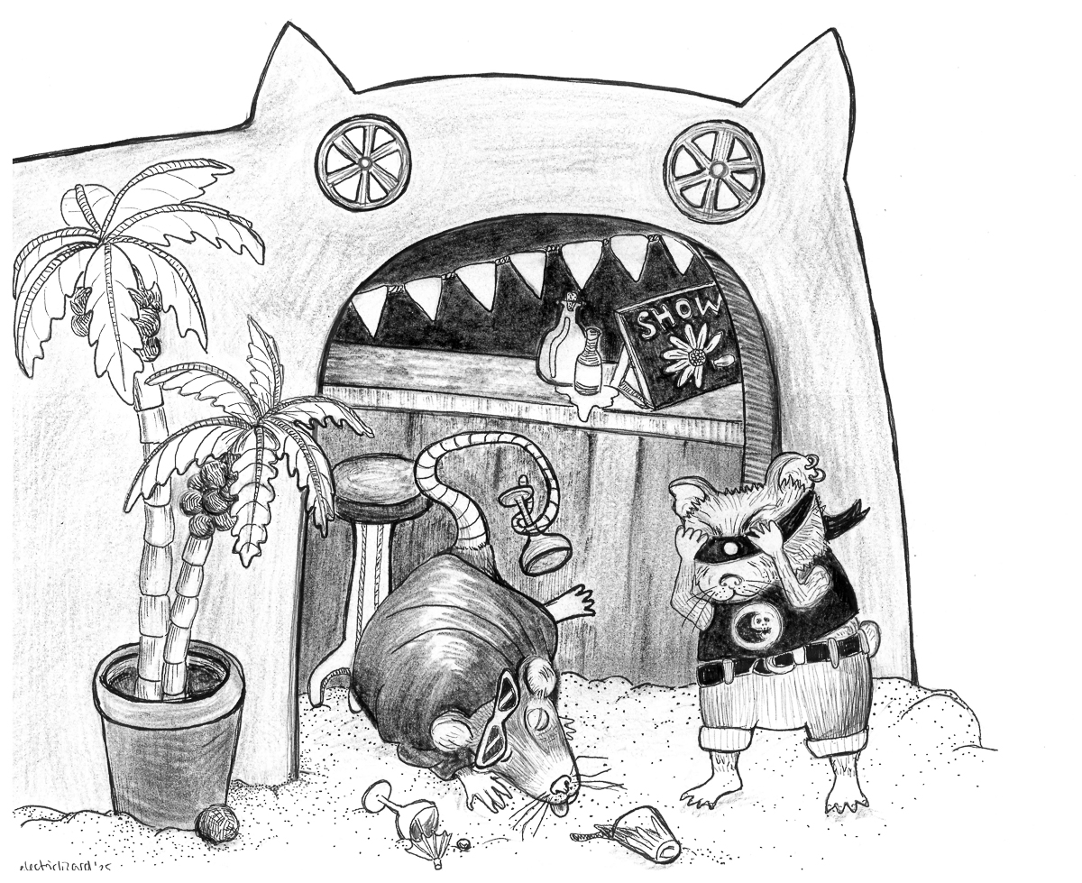 paddelnohnekanu - Niemand liebt dich (mehr) / Rattster Staffel 3, Folge #1 3 Schwarz-Weiß Zeichnung einer Strandbar, die als stilisierte Katze mit geöffnetem Maul dargestellt ist. Im Vordergrund ist eine Deko-Kokospalme zu sehen, Kokosnüsse leigen auf dem Boden. Eine Ratte mit herausgestreckter Zunge und verrutschter Sonnenbrille liegt am Boden. Ein Hamster mit einem mit schwarzem T-Shirt und Stirnband hält sich die Augen zu und sieht gestresst aus. Im Hintergrund ist das Plattencover von paddelohnekanu „niemand liebt dich mehr“ zu sehen.