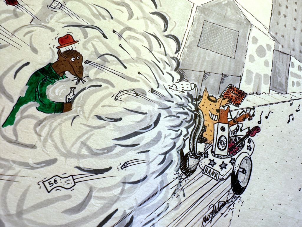 The Melmacs – Euphancholia / Rattster Staffel 3, Folge #2 3 Auf dem Bild ist eine ratte mit einem grünen Mantel zu sehen, ihr fliegt der Hut hoch, während ein Motorrad mit Beiwagen in einer Staubwolke davonfährt. SAuf dem Nummernschild steht "HANK", es sitzen zwei hamster auf dem Motorrad, einer hat ein schwarzes Stirnband.