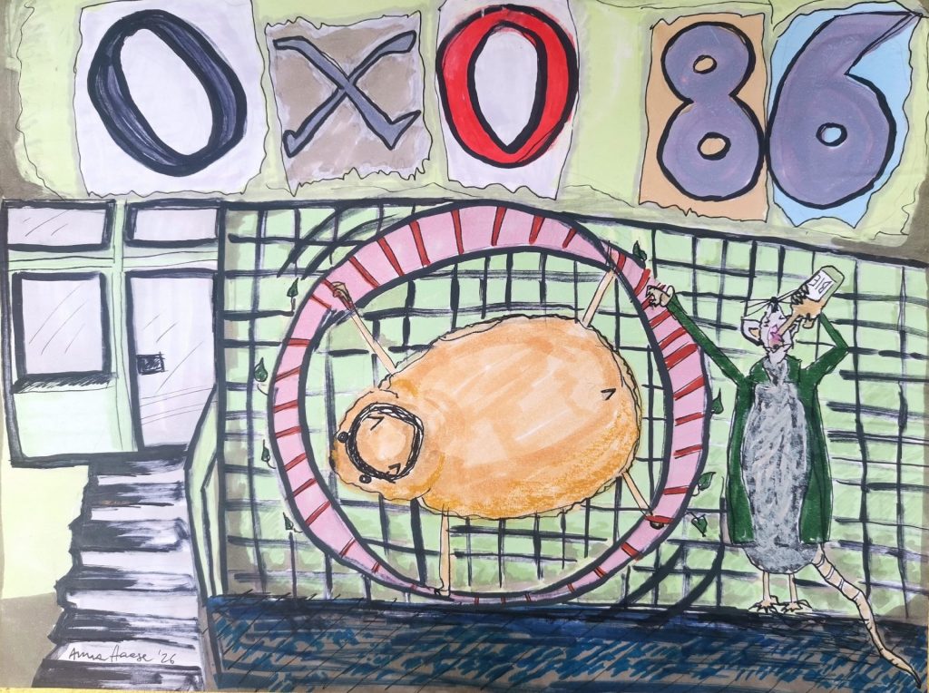 Der Hintergrund der Illustration besteht aus dem Cover des Oxo86 Albums, im Vordergrund steht Ratte und trinkt ein Bier, während Hamster in einem Hamsterrad feststeckt, dass an der Stelle platziert ist, wo sonst der runde Lorbeerkranz zu sehen ist.